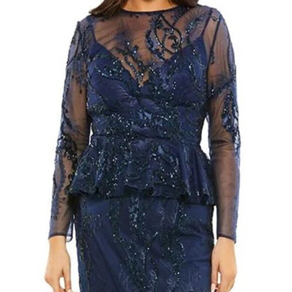 Mac Duggal Midnight Blue Embellished Peplum Midi Dress